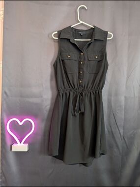 BeBop Black Sleeveless Drawstring Shirt Buttons Mini Dress